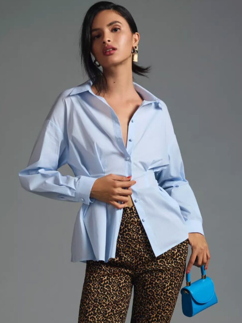 Mare Mare Anthropologie Cinched Cotton Button Down Shirt Pleated Blouse Blue, S